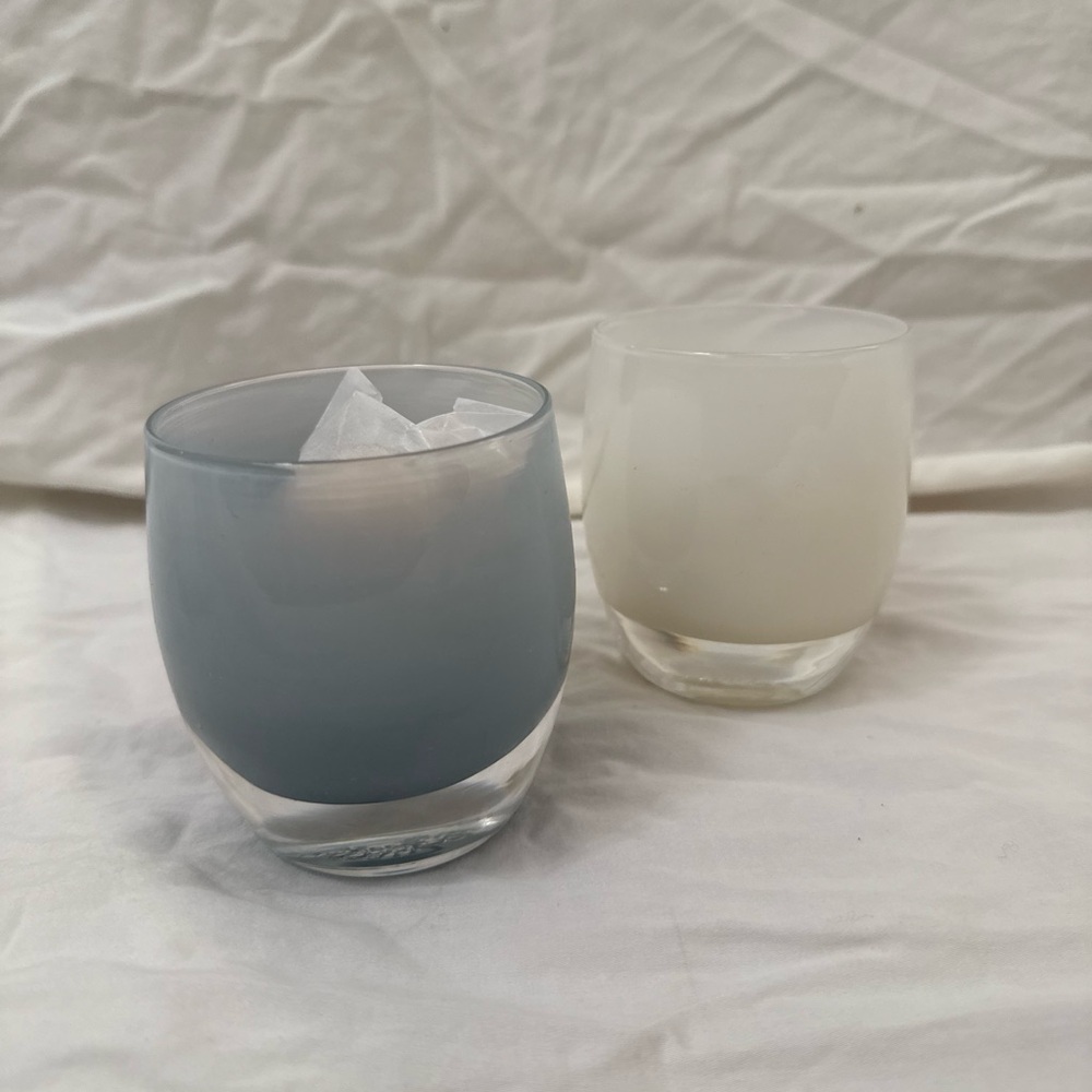GLASSY BABY - Blue (A Million Bucks) and White (Hugs) Glass Candle Holders